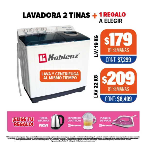 LAVADORA 2 TINAS KOBLENZ + regalo a elegir