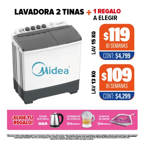 LAVADORA 2 TINAS MIDEA + regalo a elegir