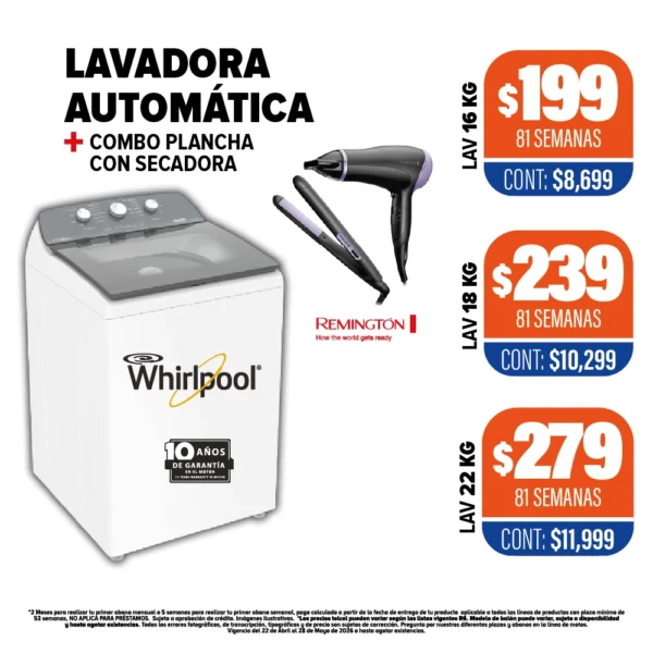 LAVADORA AUTOMÁTICA WHIRLPOOL + COMBO PLANCHA CON SECADORA