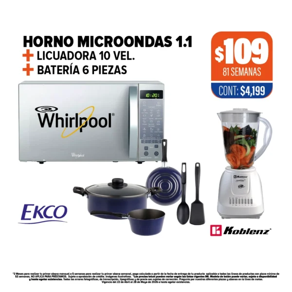 HORNO MICROONDAS 1.1 + Licuadora 10 vel. + Batería 6 piezas