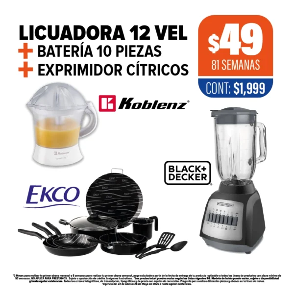 Licuadora 12 vel. + Batería 10 piezas + Exprimidor cítricos