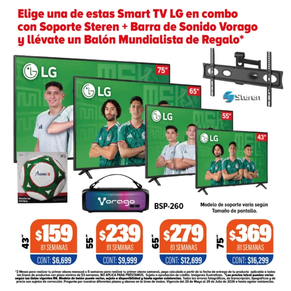 SMART T.V. LG + Barra de sonido BSP-260 + Soporte para pantalla + Balón mundialista de regalo
