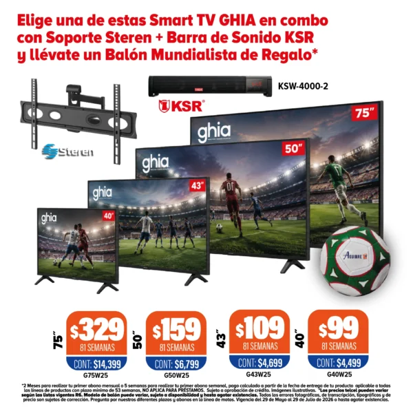 SMART T.V. GHIA + Barra de sonido KSR + Soporte para pantalla + Balón mundialista de regalo
