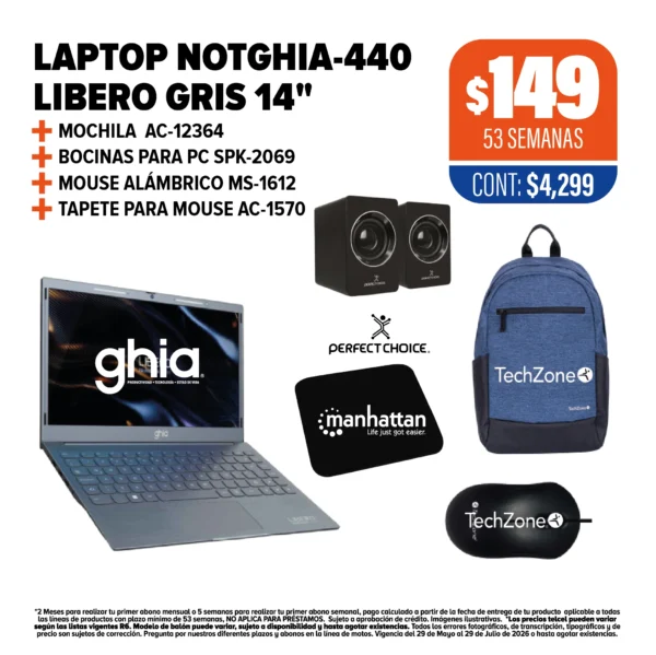 LAPTOP NOTGHIA + MOCHILA + BOCINAS + MOUSE + TAPETE