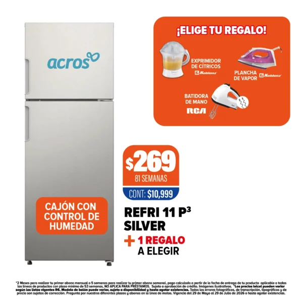 REFRIGERADOR ACROS 11P3 + 1 REGALO A ELEGIR