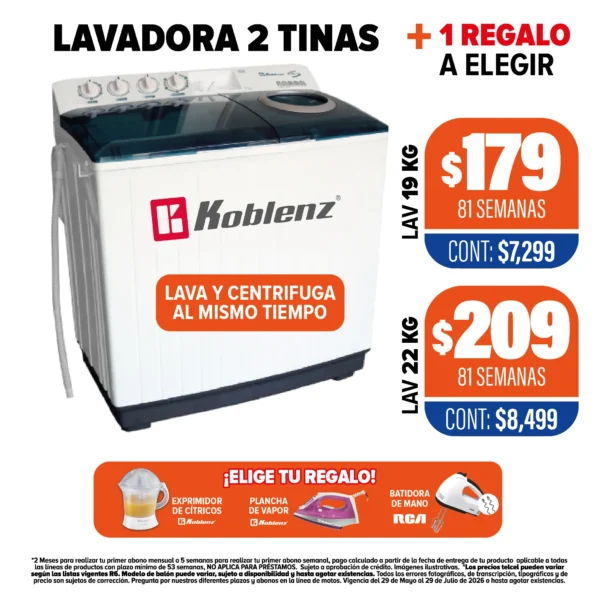 LAVADORA 2 TINAS KOBLENZ + 1 REGALO A ELEGIR