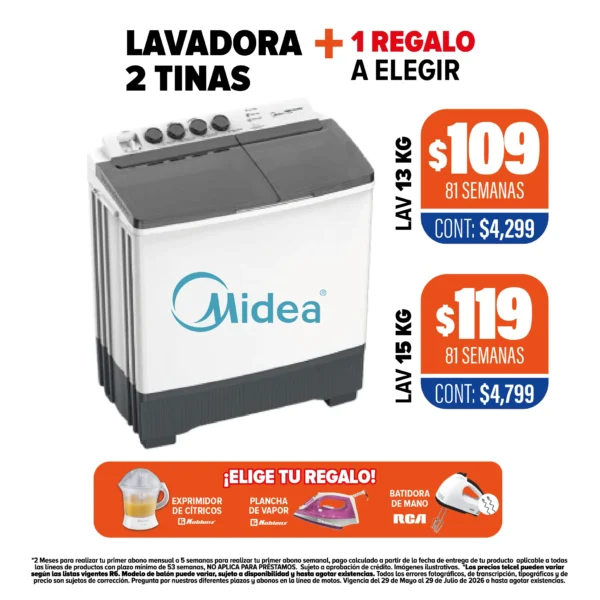 LAVADORA 2 TINAS MIDEA + 1 REGALO A ELEGIR
