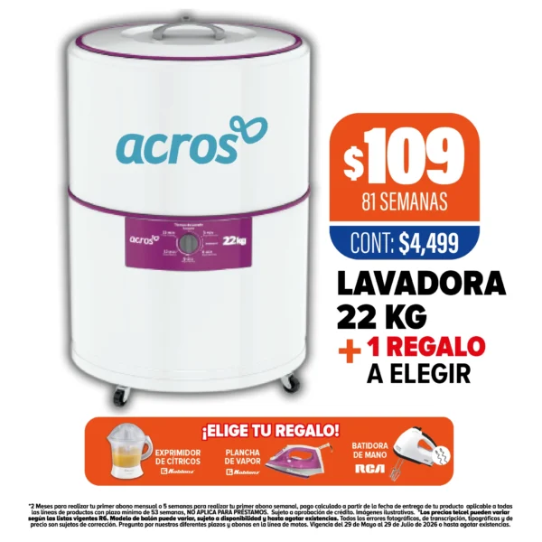 LAVADORA ACROS 22KG + 1 REGALO A ELEGIR