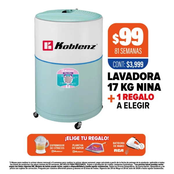 LAVADORA KOBLENZ 17 KG NINA + 1 REGALO A ELEGIR