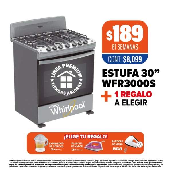 ESTUFA WHIRLPOOL 30” + 1 REGALO A ELEGIR
