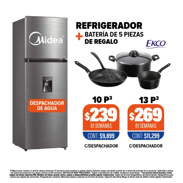 REFRIGERADOR MIDEA + BATERÍA DE 5 PIEZAS DE REGALO
