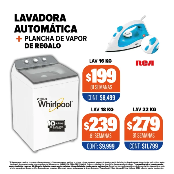 LAVADORA AUTOMÁTICA WHIRLPOOL + PLANCHA DE VAPOR DE REGALO