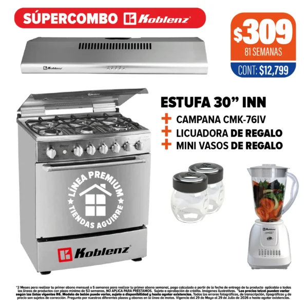 COMBO KOBLENZ ESTUFA 30” + CAMPANA + LICUADORA DE REGALO + MINI VASOS DE REGALO