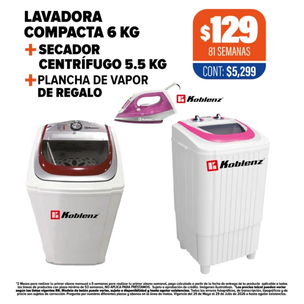 LAVADORA KOBLENZ 6KG + SECADOR CENTRÍFUGO 5.5KG + PLANCHA DE VAPOR DE REGALO