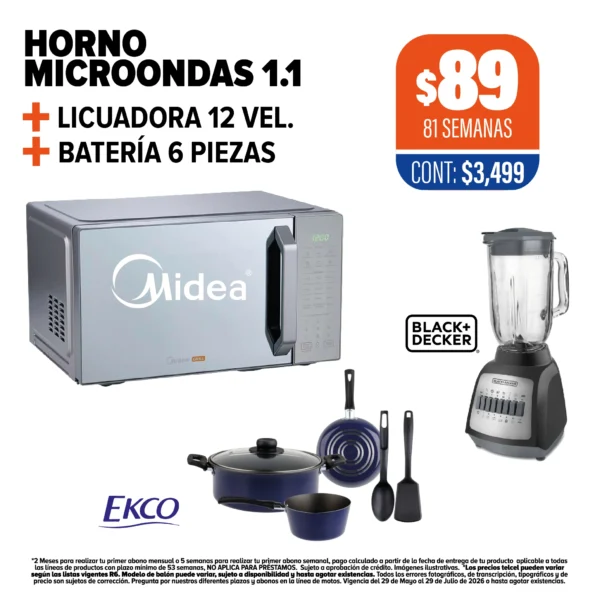 HORNO DE MICROONDAS 1.1 MIDEA + LICUADORA + BATERÍA 6 PIEZAS