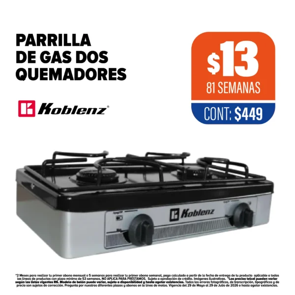 PARRILLA DE GAS DOS QUEMADORES KOBLENZ