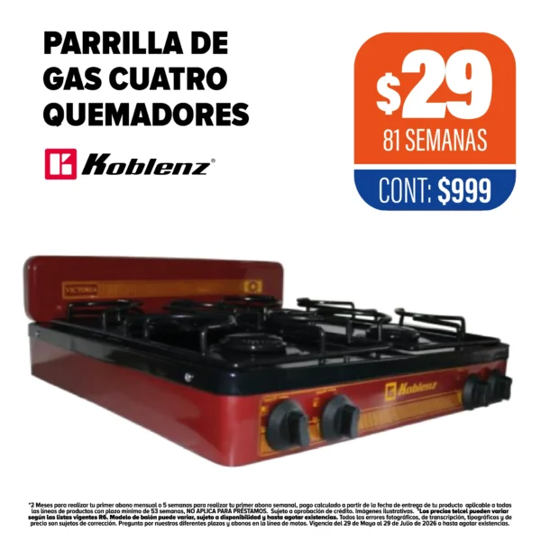 PARRILLA DE GAS CUATRO QUEMADORES KOBLENZ