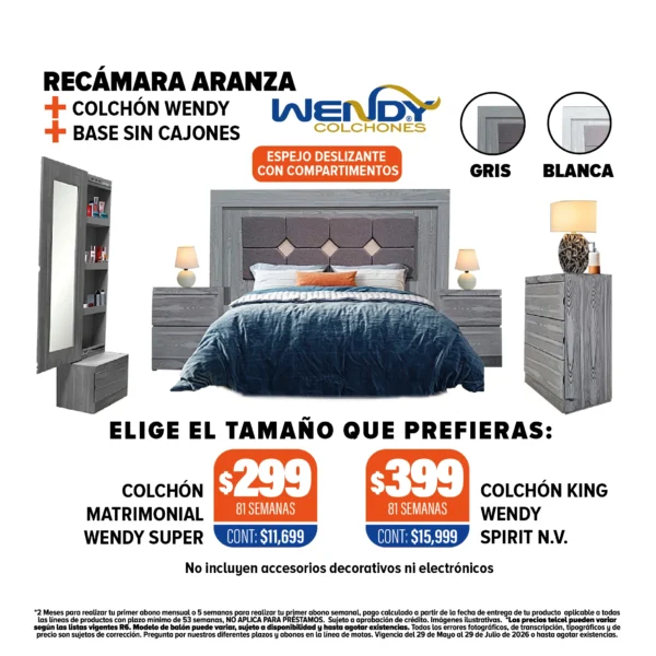 RECÁMARA ARANZA + COLCHÓN WENDY + BASE