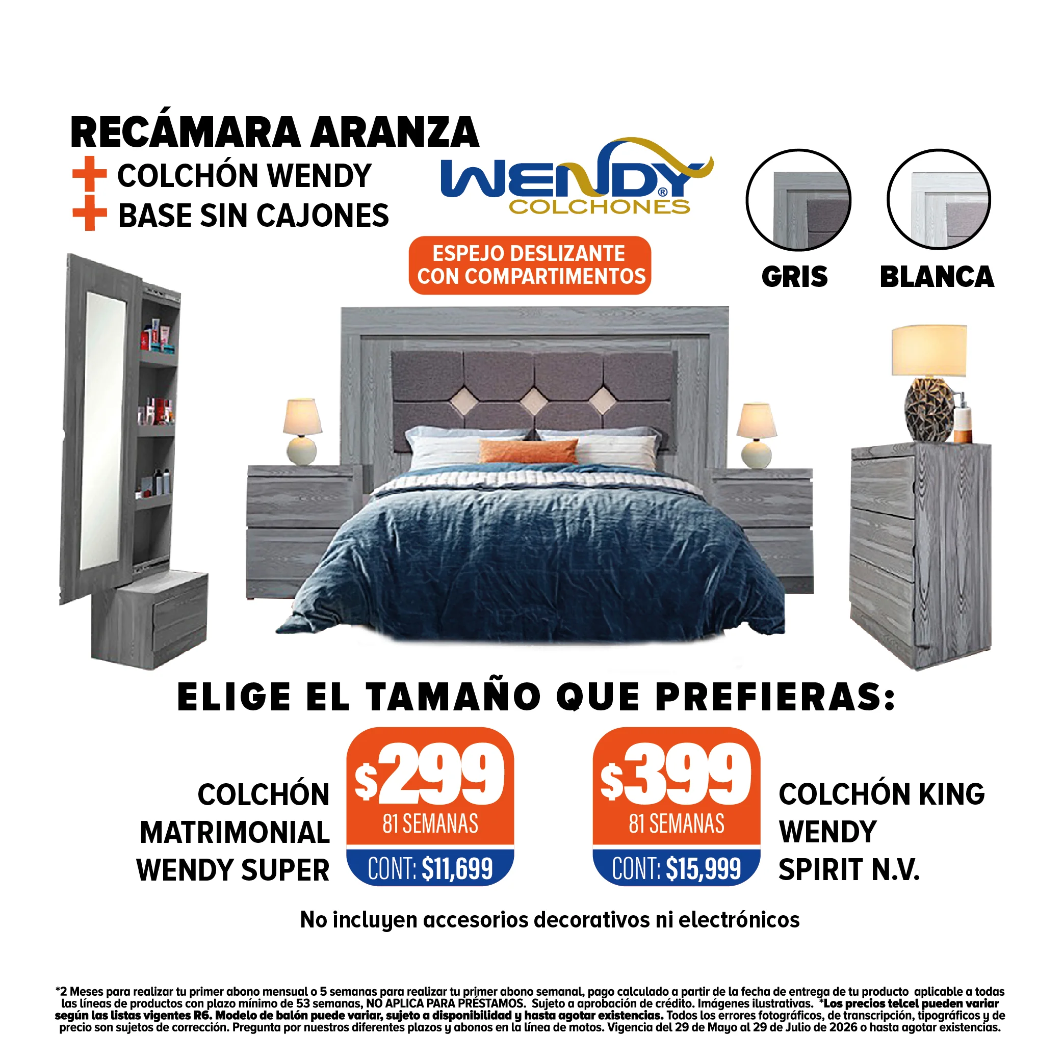 RECÁMARA ARANZA + COLCHÓN WENDY + BASE