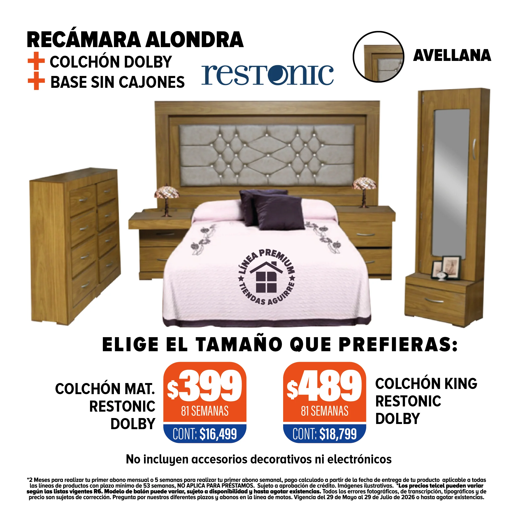 RECÁMARA ALONDRA + COLCHÓN DOBLY RESTONIC + BASE