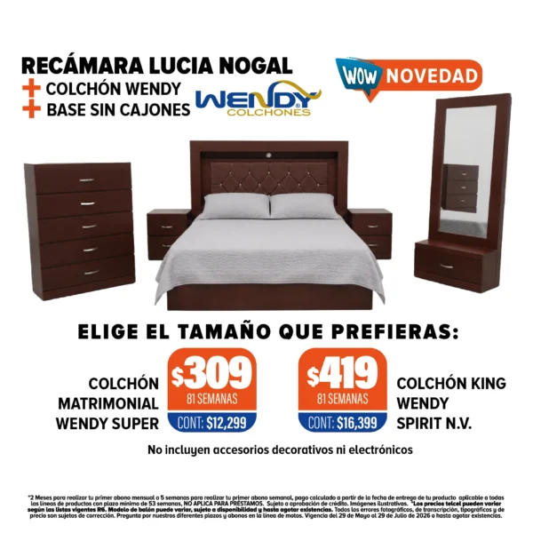 RECÁMARA NOGAL + COLCHÓN WENDY + BASE