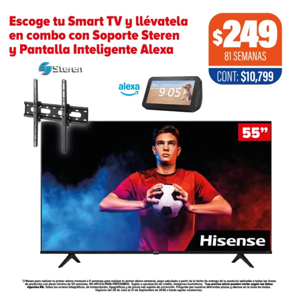 Smart TV Hisense 55" + Soporte Steren + Pantalla Alexa