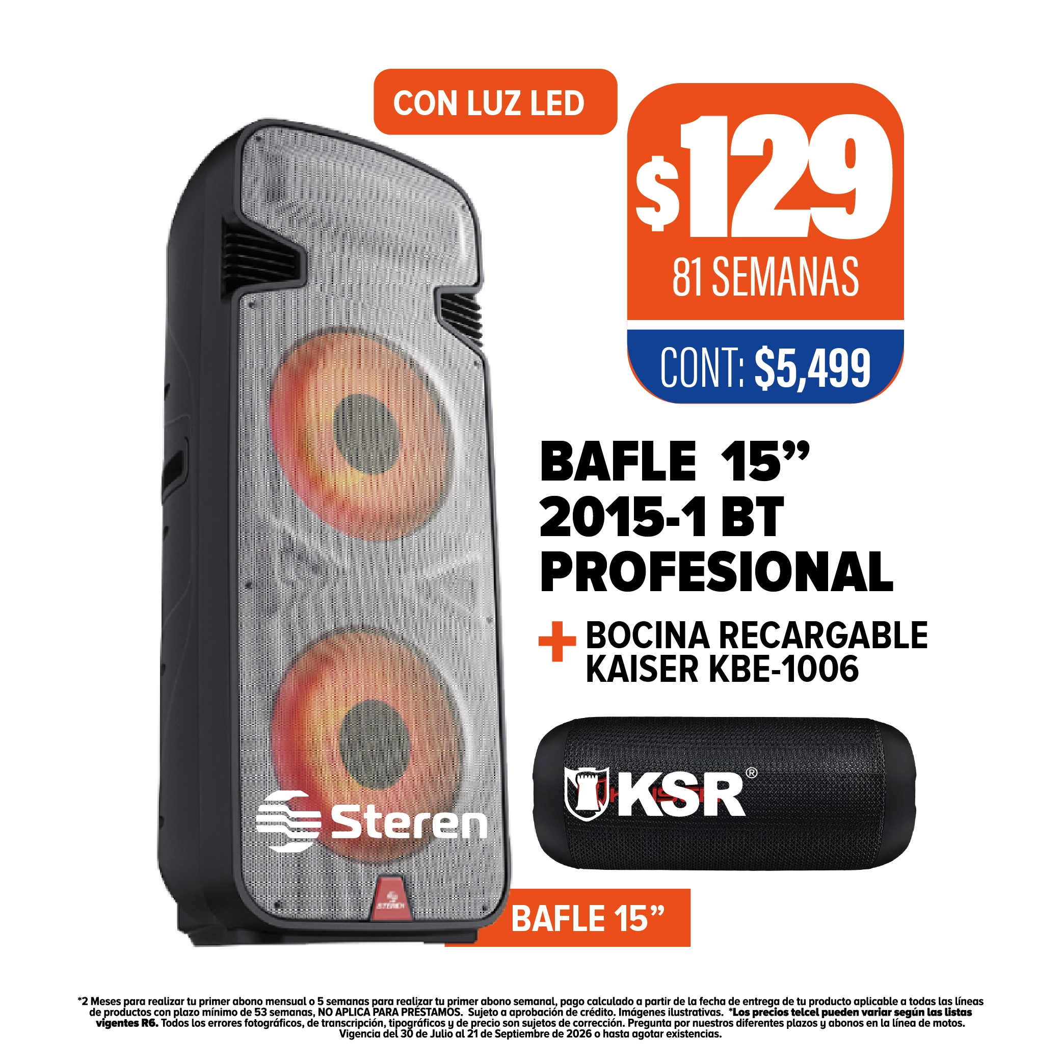 Bafle 15” Steren 2015-1 BT + Bocina Recargable KBE-1006