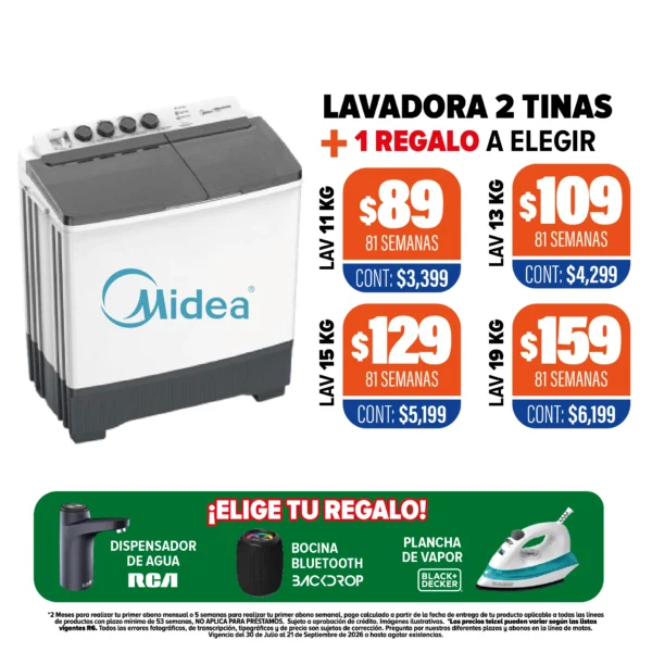 Lavadora 2 Tinas Midea + 1 regalo a elegir