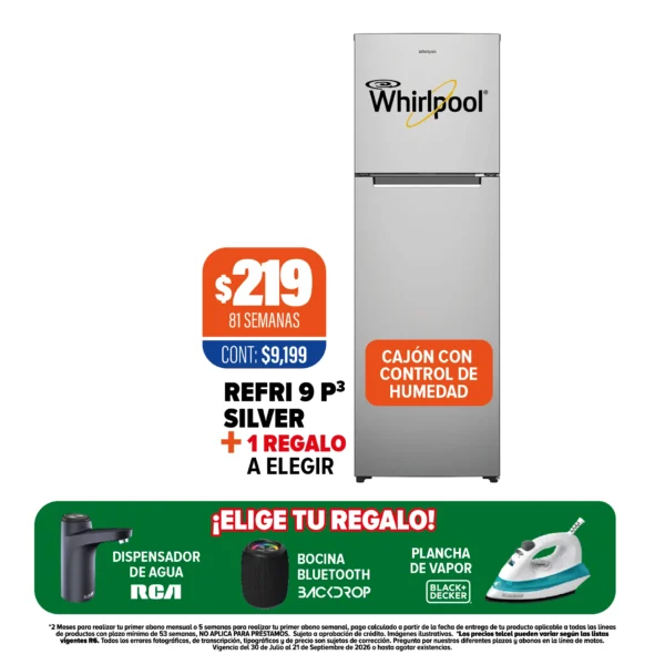 Refrigerador Whirlpool 9P3 + 1 regalo a elegir
