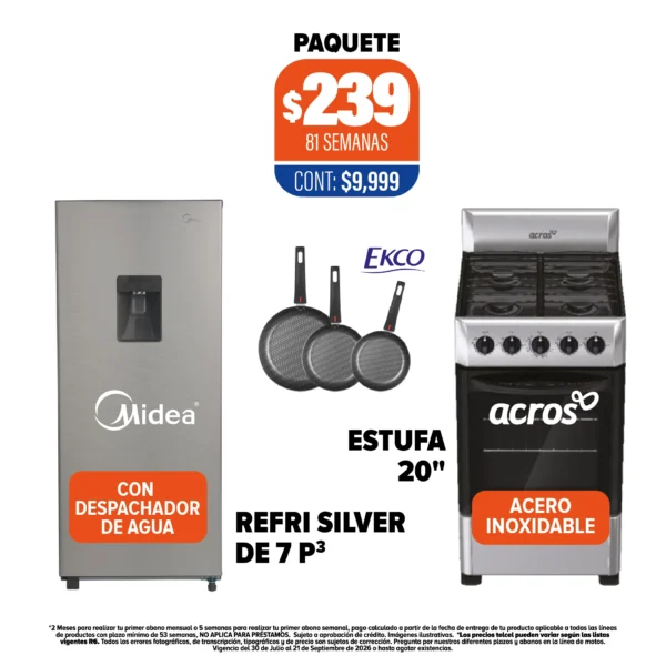 Combo Refri Midea + Estufa Acros + Sartenes 3 Pack