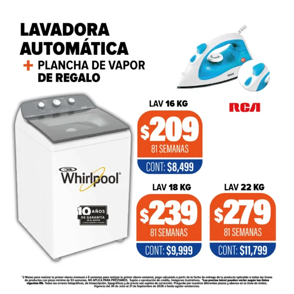 Lavadora Automática Whirlpool + Plancha RCA de regalo