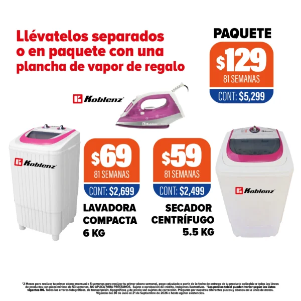 Combo Lavadora y Secador Koblenz + Plancha de Regalo
