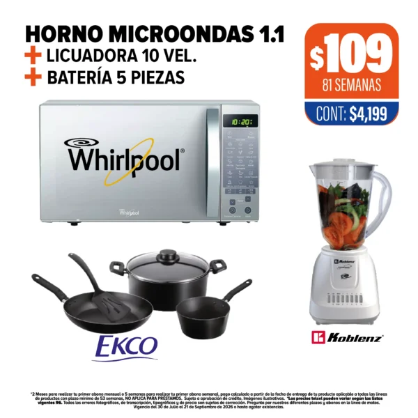 Horno Microondas Whirlpool + Licuadora Koblenz + Batería Ekco