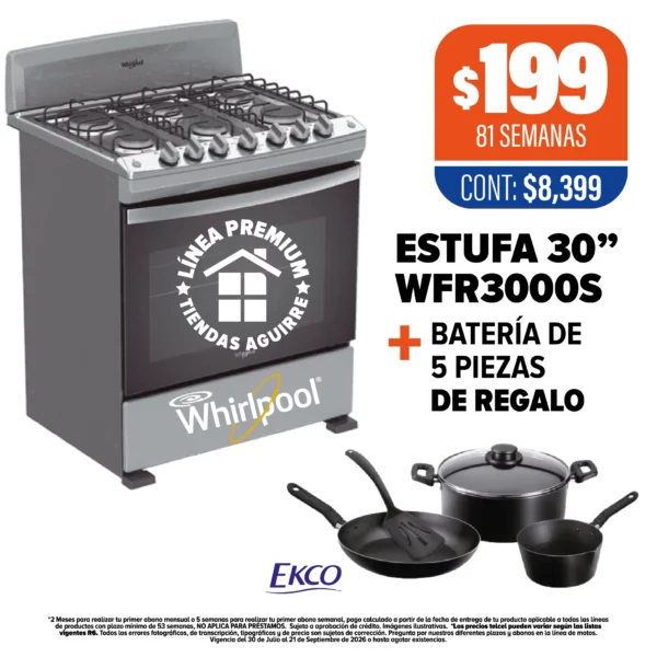 Estufa Whirlpool 30” + Batería de regalo