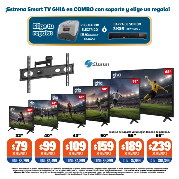 Smart TV GHIA en COMBO con soporte Steren y un regalo a elegir