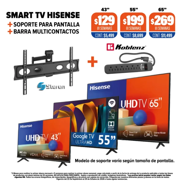 Smart TV HISENSE en COMBO con soporte Steren y Barra Multicontactos Koblenz