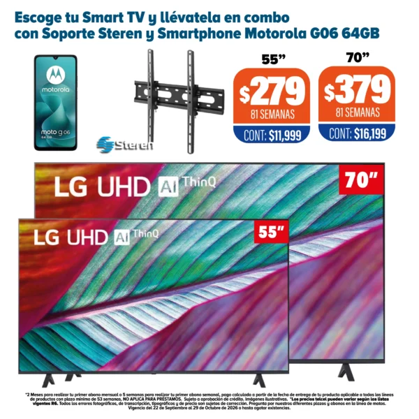 Smart TV LG en COMBO con soporte Steren y Smartphone Motorola