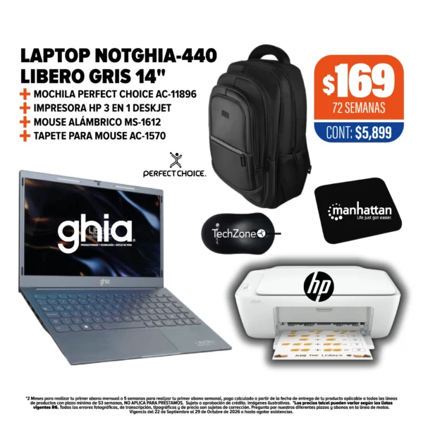 Laptop Notghia-440 + Mochila + Impresora + Mouse + Tapete