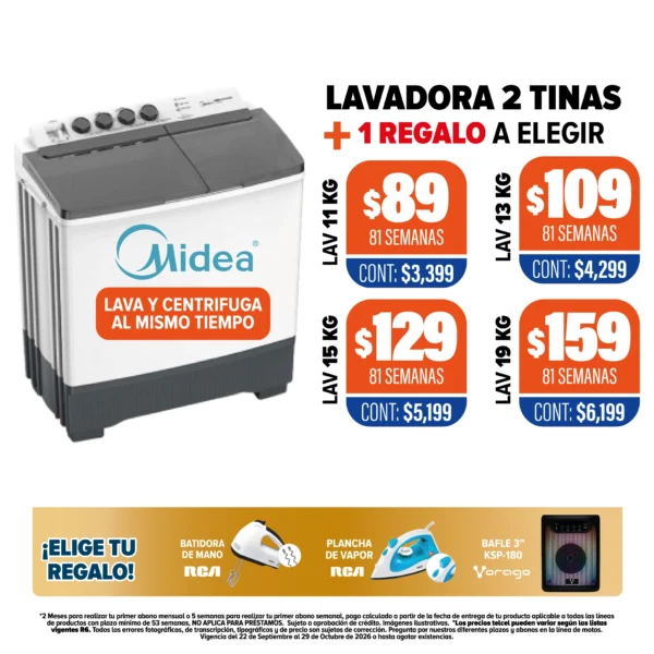 Lavadora Midea 2 tinas + regalo a elegir