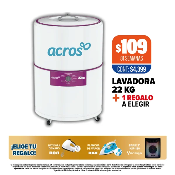 Lavadora Acros 22Kg + Regalo a elegir