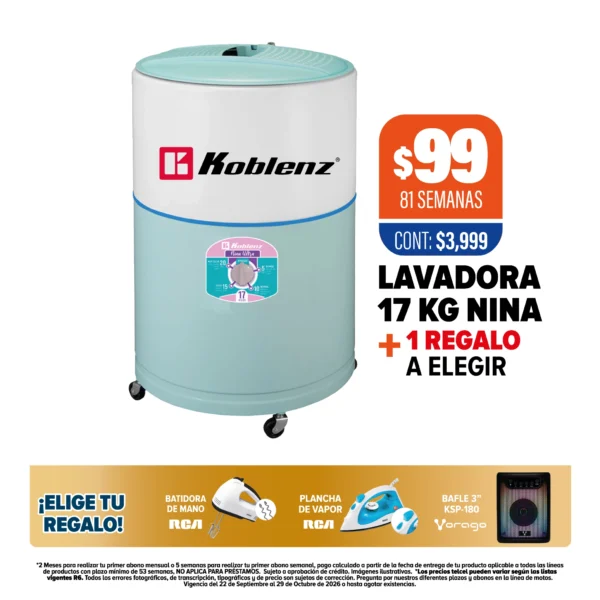 Lavadora Koblenz Nina 17 Kg + Regalo a elegir