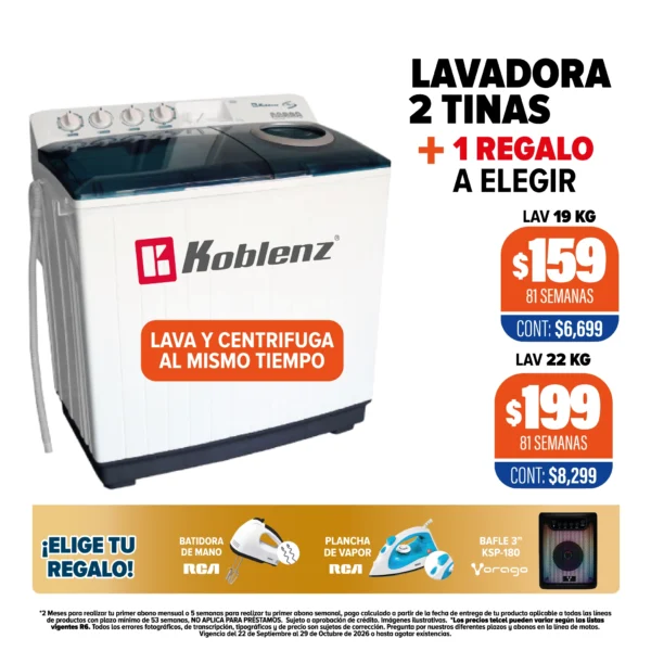 Lavadora 2 tinas Koblenz + Regalo a elegir