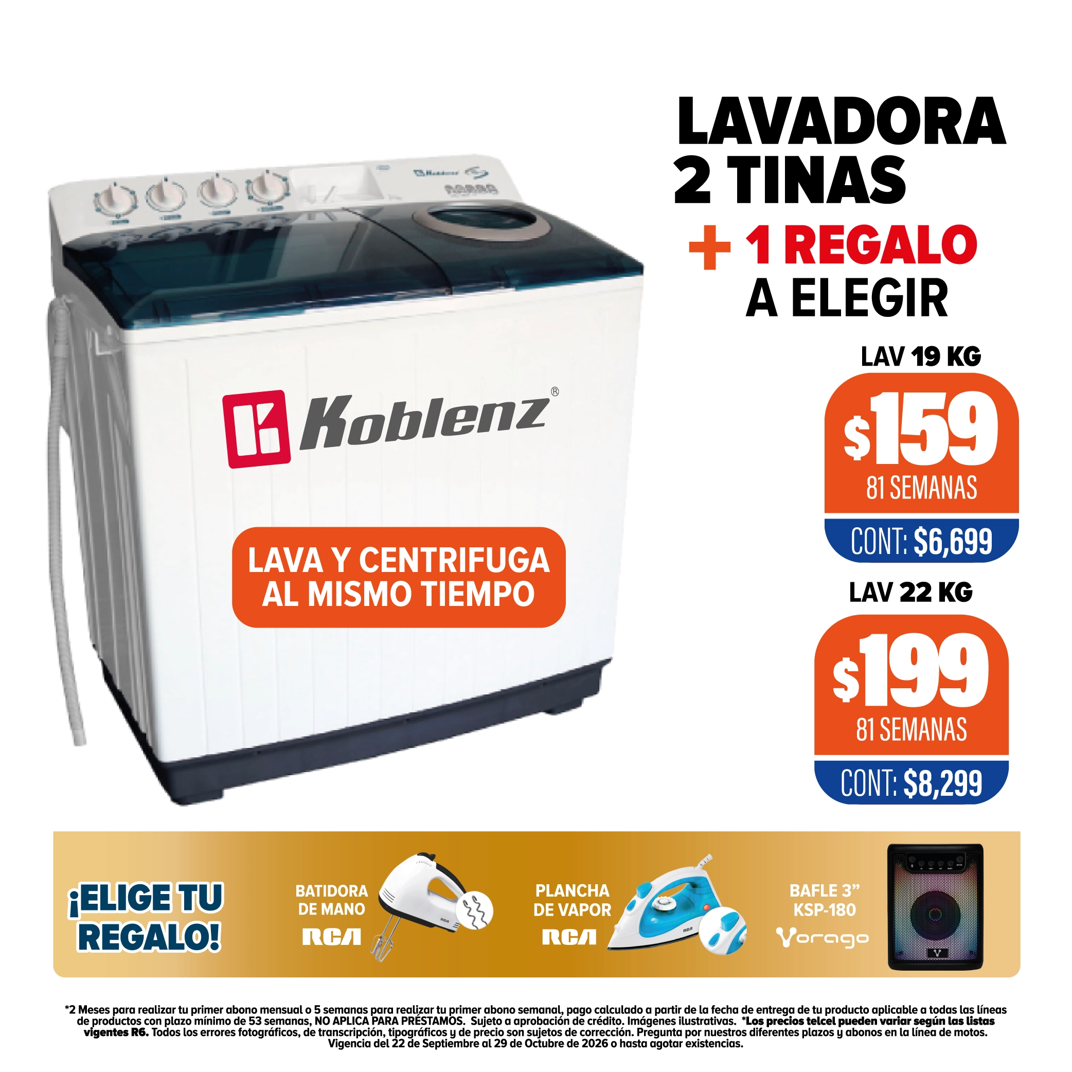 Lavadora 2 tinas Koblenz + Regalo a elegir