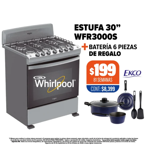 Estufa Whirlpool 30” + Batería Ekco de regalo