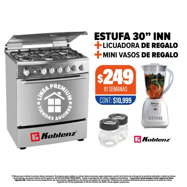 Estufa Koblenz 30” Inn + Licuadora + Mini vasos de regalo