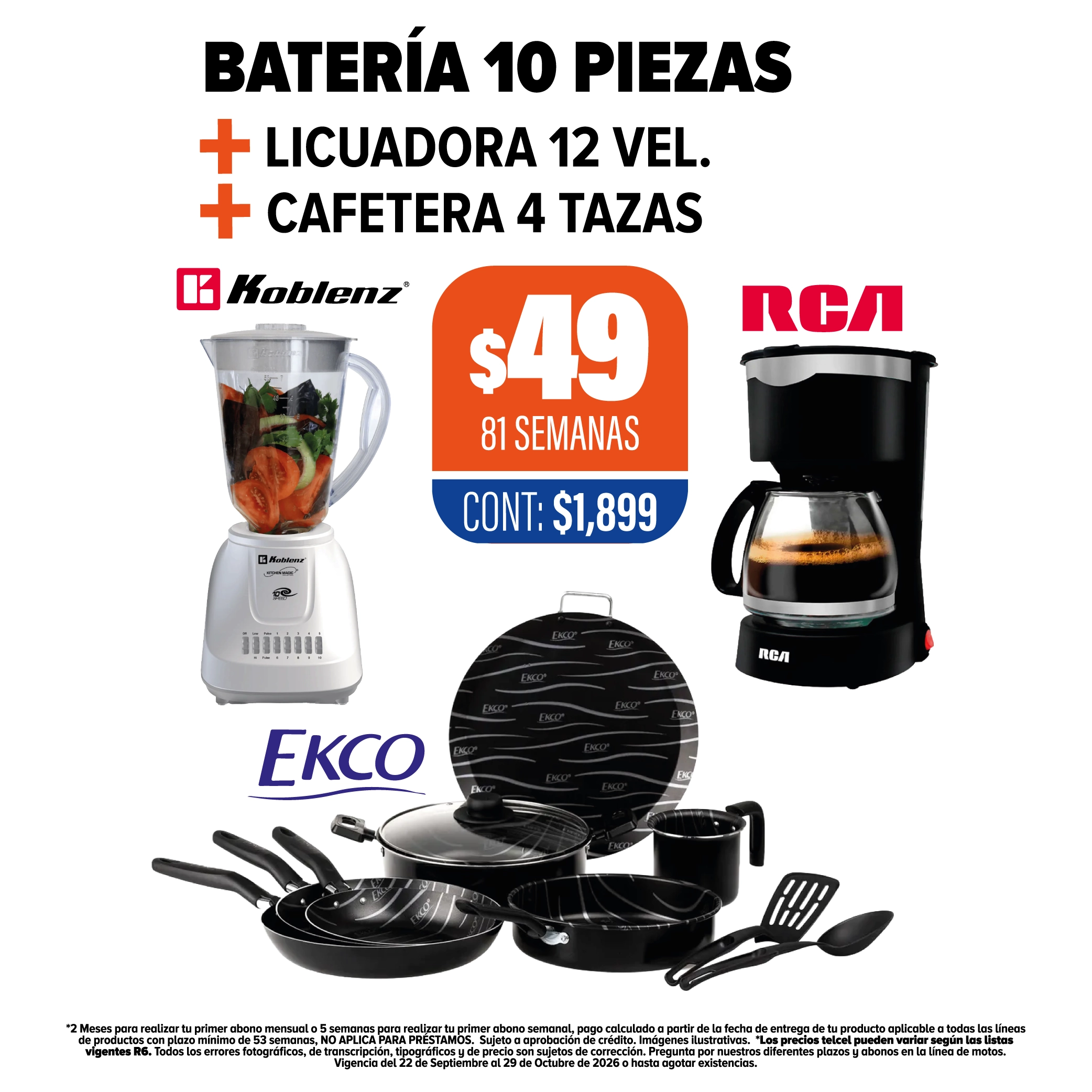 Batería 10 Piezas Ekco + Licuadora + Cafetera