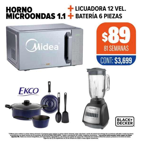 Horno de Microondas 1.1 Midea + Licuadora + Batería
