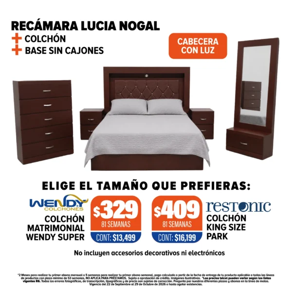 Recámara Lucía Nogal + Colchón + Base
