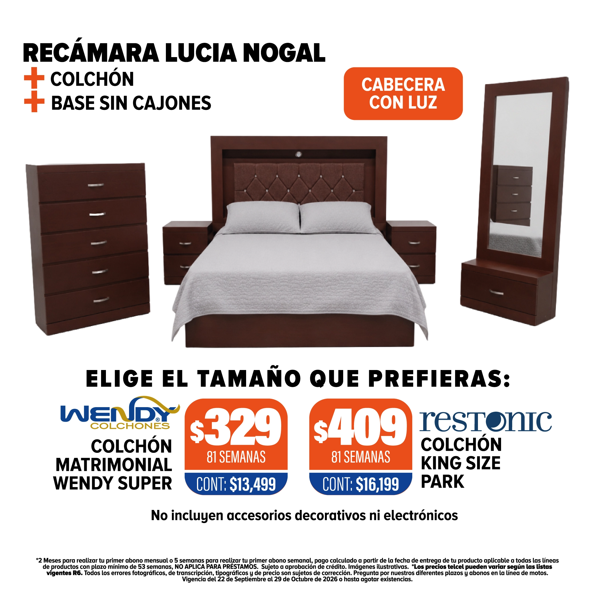 Recámara Lucía Nogal + Colchón + Base