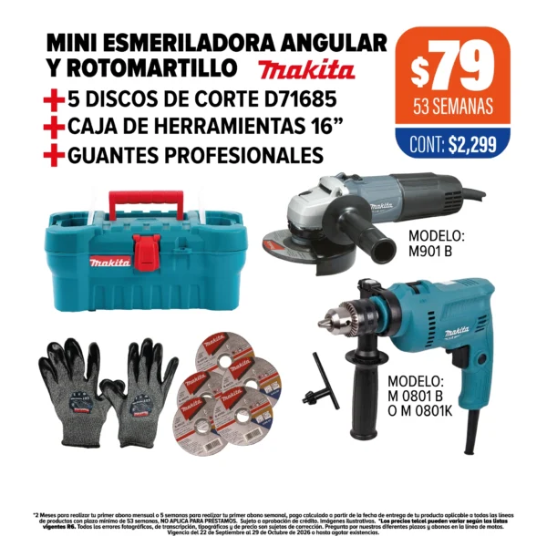 Mini esmeriladora Angular y Rotomartillo Makita + Discos + Caja + Guantes